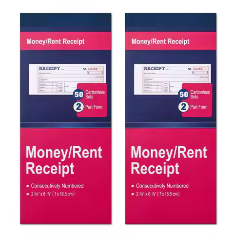 2 Pack Money/Rent Receipt Books, 2-Part Carbonless Copy, 50 Sets Each, Numbered Receipts for Landlor