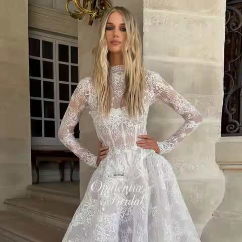 Opulentia Customized A-Line Wedding Dress Long Sleeves Beaded Lace Appliques Royal Train Bridal Gown