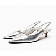 Zara's Autumn New Product Women's Shoes Silver Pink French Style High-Heeled Stiletto Mules Women