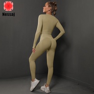 Nessaj ชุดชุดโยคะสำหรับผู้หญิงชุดเต้นรำ Zumba ชุดเสื้อฟิตเนสแขนยาวฝึกวิ่งจ๊อกกิ้งกางเกงกีฬาขายาวชุดก