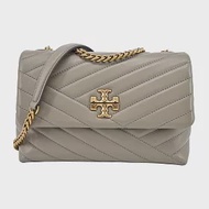 TORY BURCH KIRA 雙T金字LOGO鍊斜紋衍縫翻蓋兩用包-小/ 灰