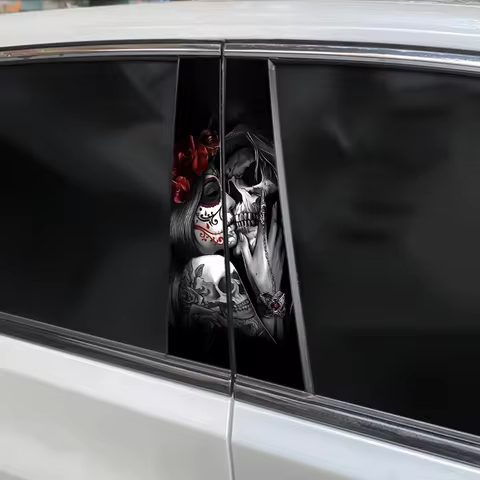 2pcs Gothic Couple Skull Car Doorpost Sticker DIY Skull Sticker Car B-Pillar Sticker Waterproof Viny