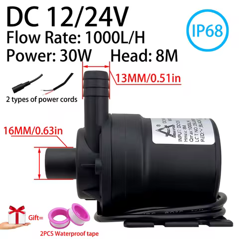 DC12/24V Brushless Motor Water Pump, 1000L/H, 8M Head 1/2" Submersible Pump, Shower Booster Pump, IP