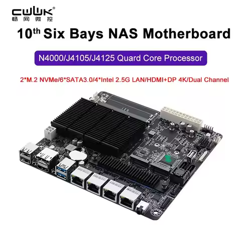 6 Bay NAS Board J4125 NAS Motherboard 4*Intel i226-V 2.5G 2*M.2 NVMe ASM1064 Chip 6 SATA3.0 2*DDR4 H