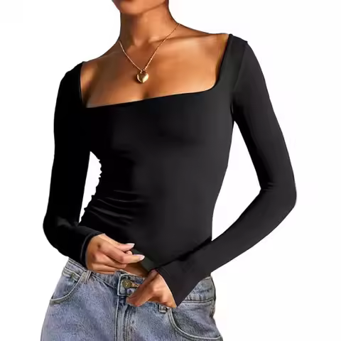 Women Square Collar Long Sleeve Cropped Solid T-shirt Tops SSFZC-2563