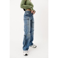 C5X Jeans - Women's Cargo Jeans with Ribbon Drawstring Retro Blue Long Cargo Jeans/ 32772