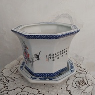Pot keramik vintage kuno besar handpainted motif bunga