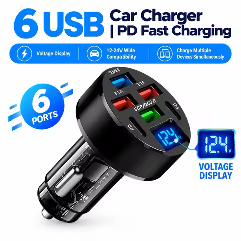 6 Port Car Charger Fast Charging 4 USB-A 2 Type-C PD QC3.0 LED Display 12-24V Cigarette Lighter Adap