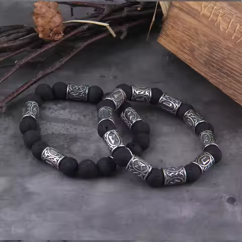 Volcano Lava Stone Beads stainless steel Runes Beads Men Bracelet Viking Rune Bracelet Fashion Charm
