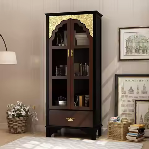 Carved Storage Cabinet with 2 Glass Do& Der, Pooja Mandir with 3-Tier Shelves, Gold Accents, Decorat