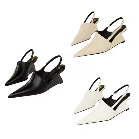Women Retro 6.5cm High Heels Wedges Designer Pumps Strange Mules Lady Pointed Toe Middle Low Heels P