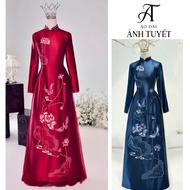 Mother's ao dai, ruby silk ao dai with lotus flowers and cranes embroidered with appliques, size S -