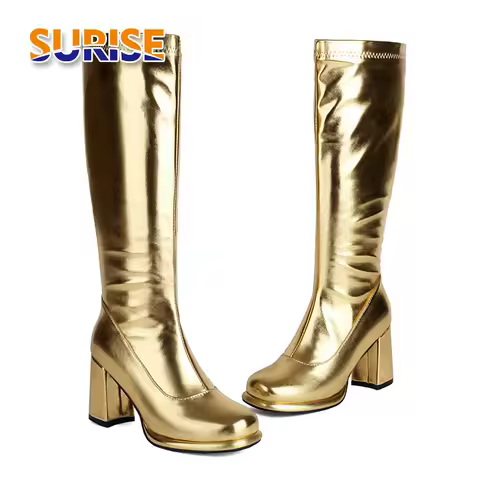 Winter Women Metallic Silver Platform Knee High Boots Block Heel Round Toe Red Patent Leather Comfy 