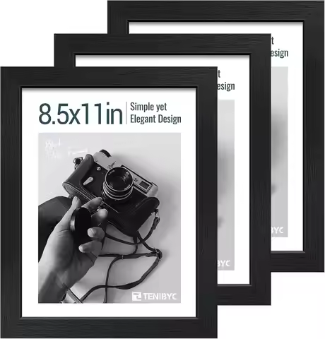 Set of 3 Black Woodgrain Picture Frames, 8.5x11 with Tempered Glass, Wall or Table Display