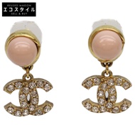 香奈兒 C22A 粉紅珍珠金色 Coco 標誌水鑽耳環 [二手]