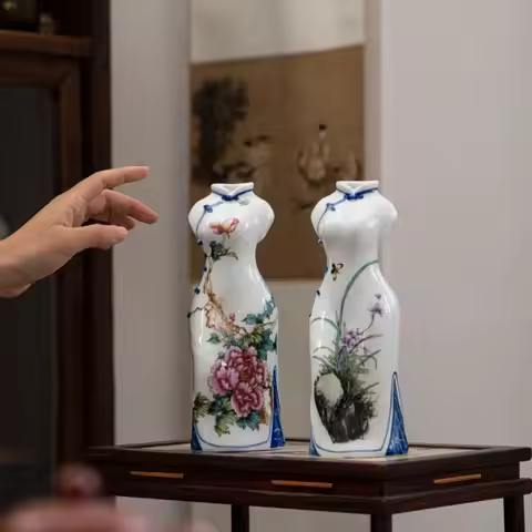1PC Jade porcelain hand-painted cheongsam vase, retro decorative item, flower arrangement, Chinese c