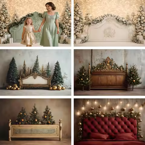Christmas Vintage Headboard Backdrop Golden Balls Pine Trees Warm Light Photo Backdrop For Child Chr
