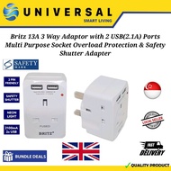 [SG SHOP SELLER] Britz 13A 3 Way Adaptor with 2 USB(2.1A) Ports Overload Protection & Safety Shutter