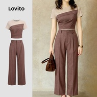 Lovito Colorblock Fake 2in1 Brown Trousers Tops or Bottoms PSK8P1D3237 Lovito Elegan Baju atau Bawah