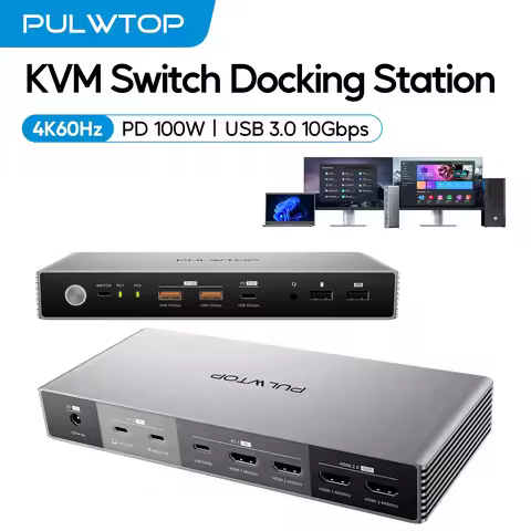 PULWTOP KVM Switch Docking Station, 4K EDID KVM Switches Dock Dual Monitor with 2 HDMI, USB A/C 3.2 