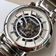 代購ARMANI手錶 AR60006全自動機械錶 亞曼尼手錶男生 時尚鏤空透底銀色鋼鏈錶 大直徑防水男錶 商務休閒男生機械錶