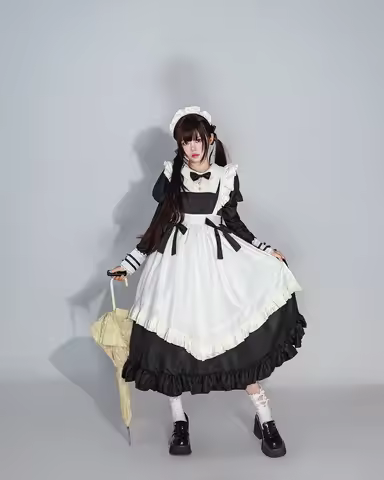 New Lolita long plus-size maid outfit, black Japanese-style lace maid outfit, cute Japanese-style ma