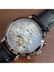 Caseno真皮不銹鋼自動防水永久日曆陀飛輪機械男士手錶