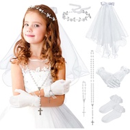 SWEETV 6 Pcs First Communion Veil Set for Girls 1st Communion Bow Veil Headpiece Accessories Set Whi