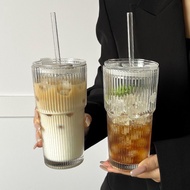 高颜值大容量带盖吸管玻璃杯条纹水杯果汁咖啡杯ins竖纹玻璃水杯Cocktail Glass, Triangular Glass, Glass Wine Glass, Crystal Tall Glas