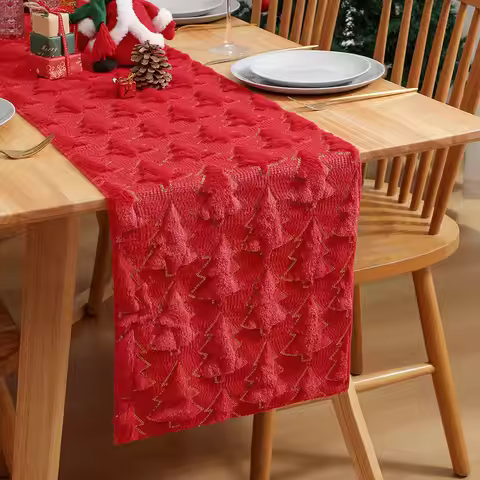 Red Christmas Tree Table Runner Soft Plush Faux Fur Jacquard Table Runner Cloth for Winter Xmas Chri