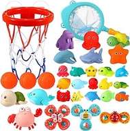 Arrowbash 32 Pcs Bath Toys Playset Bathtub Basketball Hoop and Balls Dolphin Crab Turtle Bath Toy Fishing Game Kawaii Squishy Sea Animals Suction Cup Spinner Toys for Water Pool Gift Boy Girl