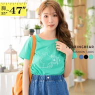 Casual Fun Cartoon Simple Printed Hem Slit Plain Round Neck Short Sleeve Cotton T (Black.blue.green 