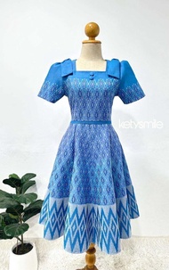 N541 เดรสผ้าทอคอเหลี่ยมแต่งโบว์ไหล่กระโปรงบานผ้า 8 ชิ้น อัดกาวทั้งชุด ทุกชิ้น ซิปซ่อนด้านหลัง