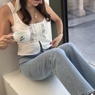 GC2K Sandro - Hollow Floral Embroidery Lace Casual Top with Front Buckle Detail