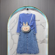 (Gratis Tas Labubu) Setelan Rok Anak Perempuan / Rok Cargo Jeans Import  / Atasan Knit Rajut Usia 2-