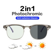 Fashion Photochromic Anti radiation Glasses For Women Men Sun Adaptive Glass Anti Blue Ray Transition Replaceable Eyewear Transitional Anti Blue Light Glare Computer Glasses Round Metal Glasses Frame Anti Sunlight UV400 Auto Color Changing