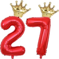 40 Inch Gold Crown Number 27 Balloons, 27th Birthday Balloons for Men Women, Red 27th Celebration De