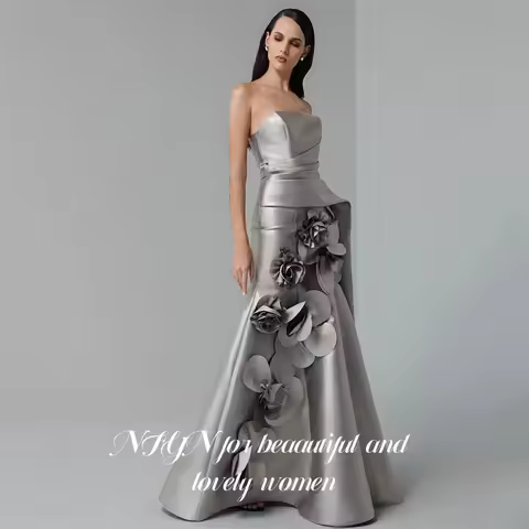NFYN Silver Gray Formal Gown Strapless Prom Dresses Mermaid Ball Gown with 3D Floral Embellishments 