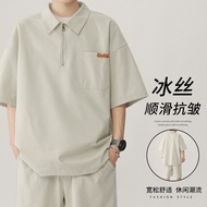 Baju set seluar T-shirt lengan pendek polo kolar lelaki seluar pendek sutera ais musim panas longgar