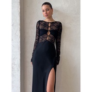 ▣Laxsesu Black Maxi Dress See Through Lace Patchwork Bodycon Dress Long Sleeve Elegant Party Evening