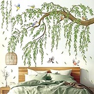 DECOWALL Hanging Branches Wall Sticker - Green Leaves & Birds Wall Stickers for Living Room, Bedroom