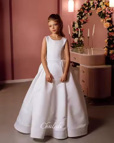 Satin flower girl dress,Girl wedding dress,Holy communion dress,Ivory flower girl dress,Dress with p