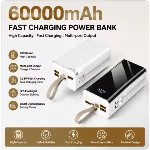 60000 MAh Large Capacity Power Bank with Fast Charging Built-in Cable Outdoor Live Streaming Camping