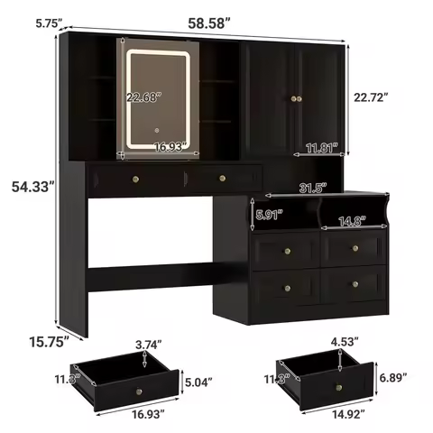 58.6 Large Vanity Desk with Sliding Mirror amp Lights, Black Makeup Vanity Table amp Nightstand Comb