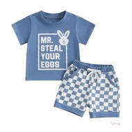 Kup-Baby Toddler Boy Easter Outfit Letter Bunny Short Sleeve T-shirt Checkered Shorts 2 Piece Set