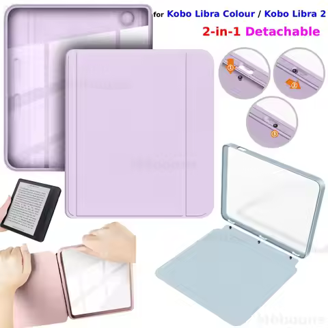 For Kobo Libra Colour/Libra 2 7" Detachable 2-in-1 Case Clear Acrylic Back Wake/Sleep PU Leather Cov