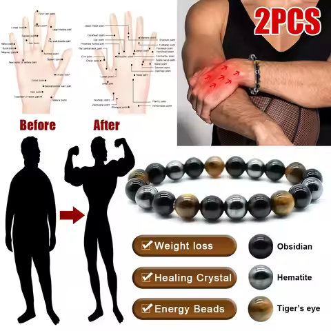 2PCS/Set Triple Protection Bracelet- Tiger's Eye, Black Obsidian, Hematite for Protection, and Balan