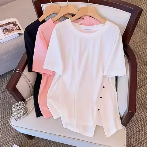 170Kg Plus Size Women's Bust 170 Summer Loose Short Sleeve Split T-shirt Black White Pink 6XL 7XL 8X