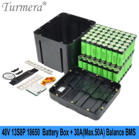 Turmera 48V E-Bike Battery Box Case 13S 30A 50A Balance BMS with 13S8P 18650 Holder DC XT60 Plug Wel