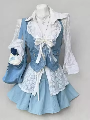 Summer New Fashion Sweet Denim 3 Piece Set Blue Vest Irregular Long-sleeved Shirt Fluffy Skirt Korea